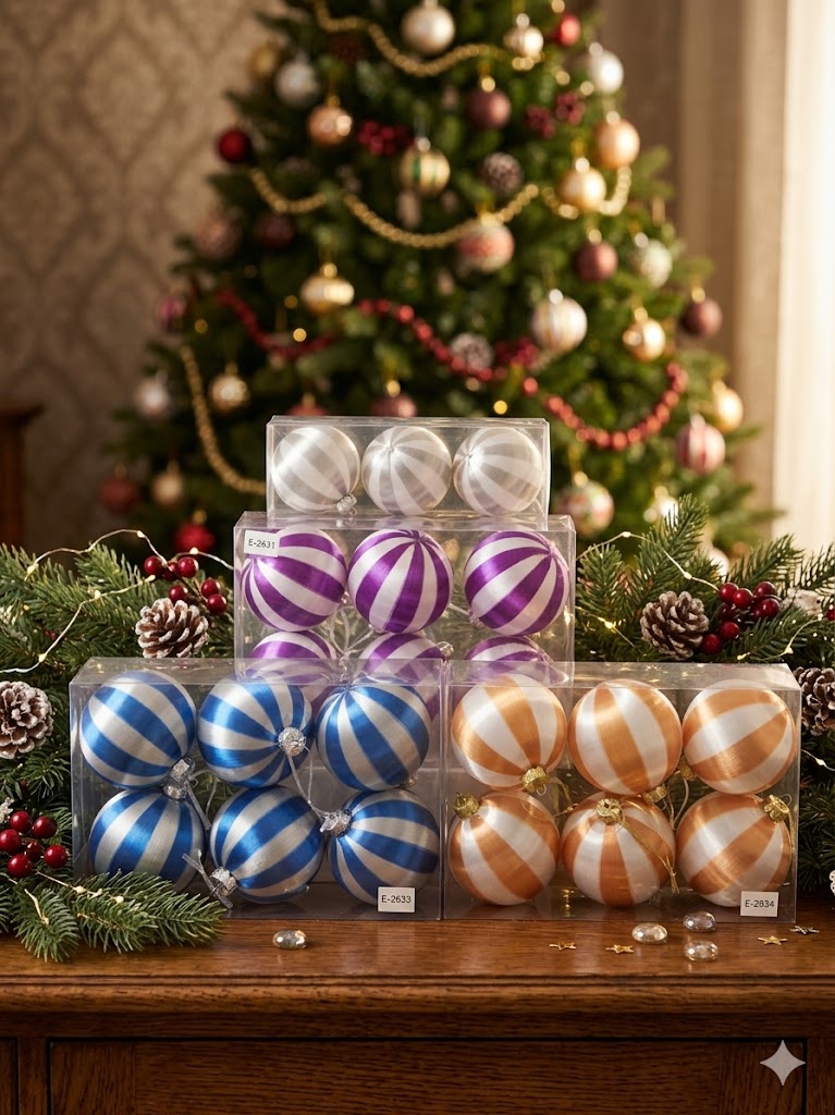 Wholesale hand-wound silk striped Christmas ball ornaments in blue, gold, purple, and silver on a festive holiday background.