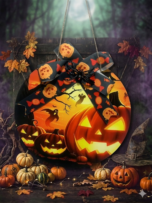 Wholesale round Halloween door hanging sign featuring jack-o-lanterns and ghosts with a large candy-patterned bow and spider decoration, set against a spooky autumnal forest background.