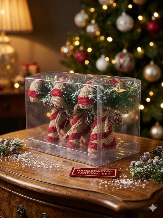 Wholesale rustic burlap candy cane Christmas ornaments with pine needles and cones inside a clear gift box, warm holiday background.