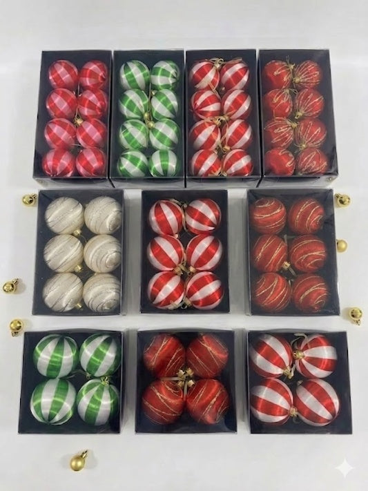 Silk glitter striped Christmas ball ornaments set, red white green festive tree hanging decorations bulk pack