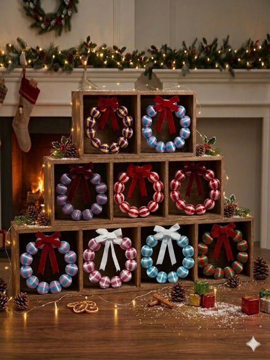 Factory direct wholesale of silk-wrapped ball Christmas wreaths in various striped colors including red, gold, blue, and purple. Premium handmade holiday decorations for B2B corporate gifts and global wholesalers.
