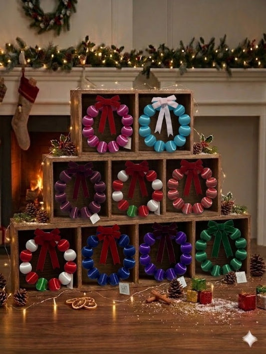Factory direct wholesale of silk-wrapped ball Christmas wreaths in various custom colors including red, gold, blue, and purple. Premium handmade holiday decorations for B2B bulk orders and global wholesalers.