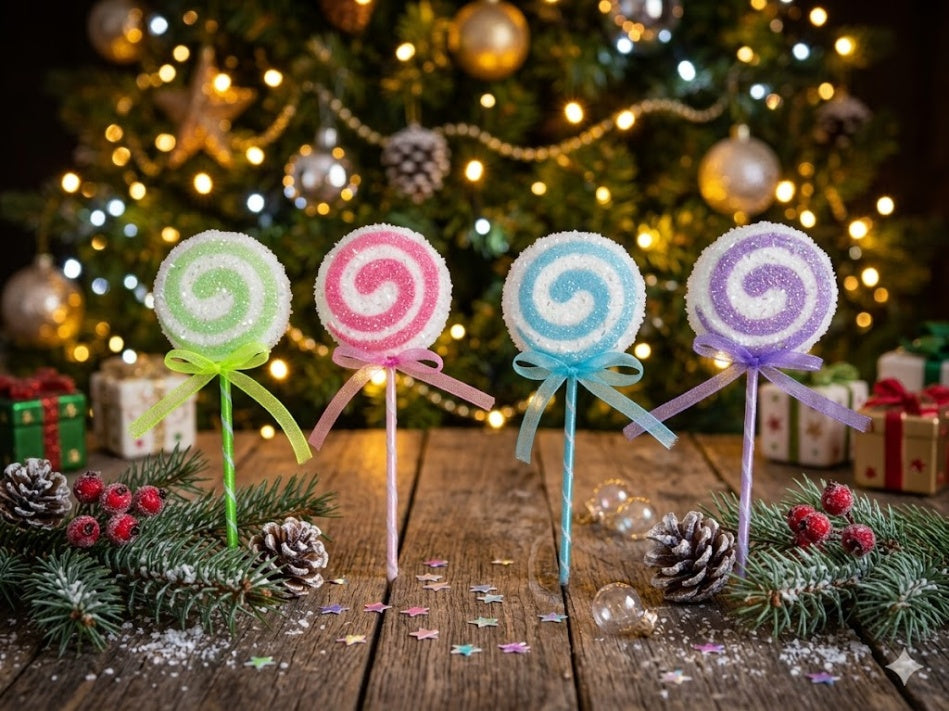 Wholesale glittery pastel lollipop Christmas ornaments in green, pink, blue, and purple on a festive wooden table with blurred holiday lights.