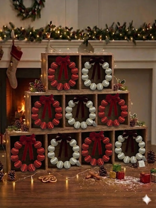 Bulk premium silk striped ball Christmas wreaths in red & creamy white. Features gold-threaded details & velvet bows. Ideal for wholesalers & corporate B2B orders from a leading Chinese OEM/ODM factory supplier.