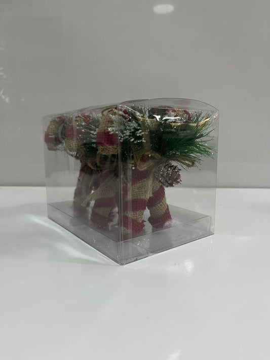 Set of 3 rustic Christmas reindeer ornaments made from two candy canes, featuring red and white striped burlap, artificial pine needles, and pine cones in a transparent PVC gift box.